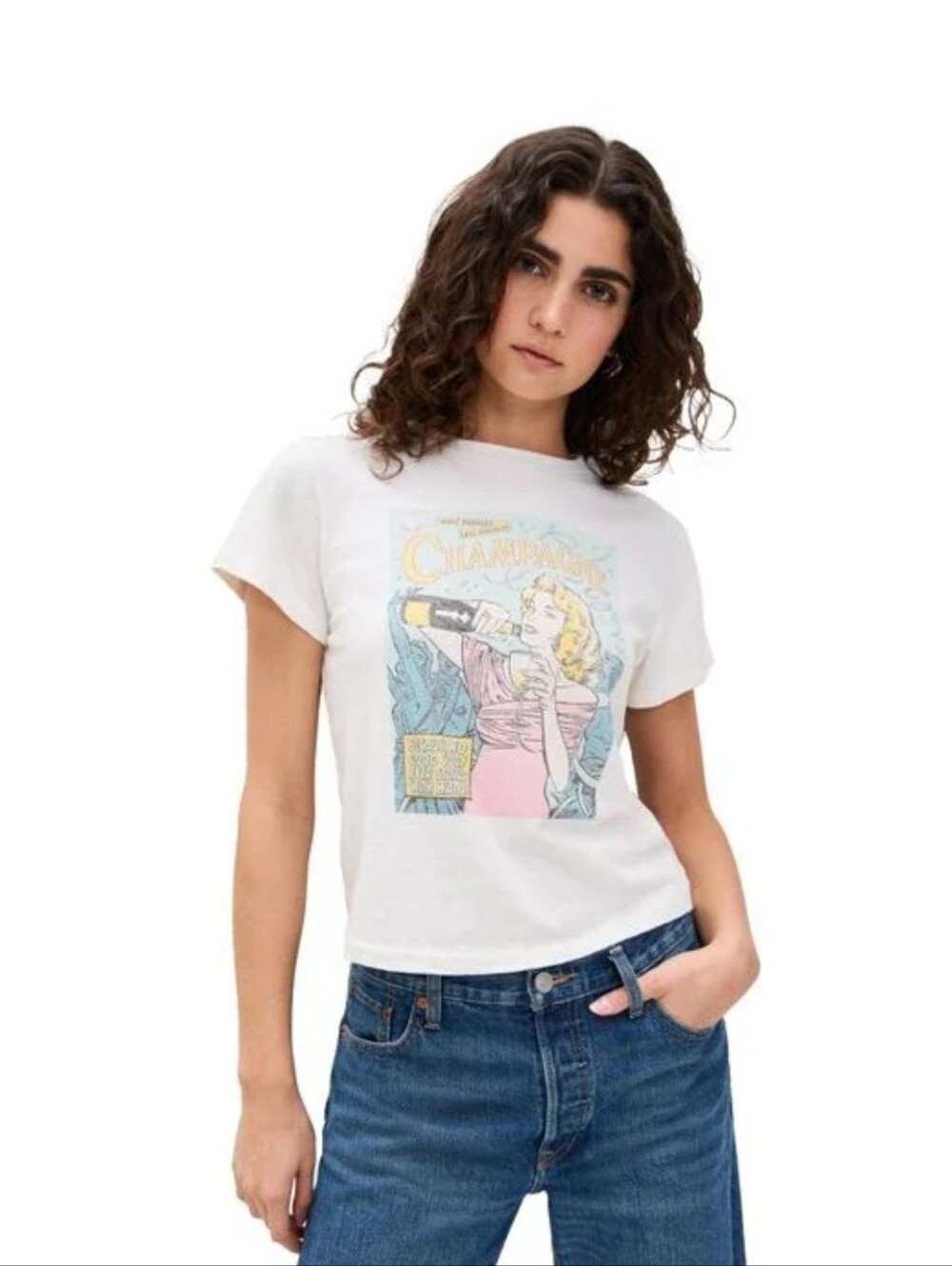 Re/Done  Cream Graphic Champagne Tee with Pastel Print